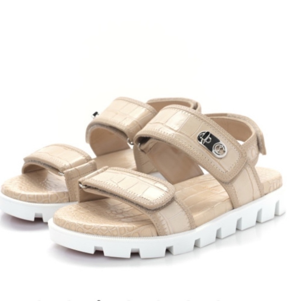 Christian Louboutin Lock Cool Flat Velcro Sandals in Nougat, Size 41